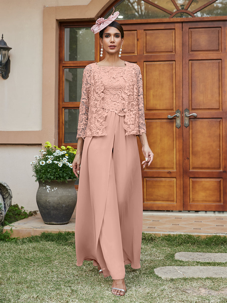 Lace Chiffon Square Neck 3/4 Sleeves 3 Pieces Pantsuits with Appliques & Jacket