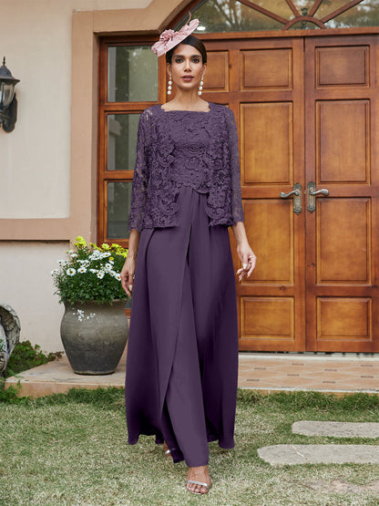 Lace Chiffon Square Neck 3/4 Sleeves 3 Pieces Pantsuits with Appliques & Jacket