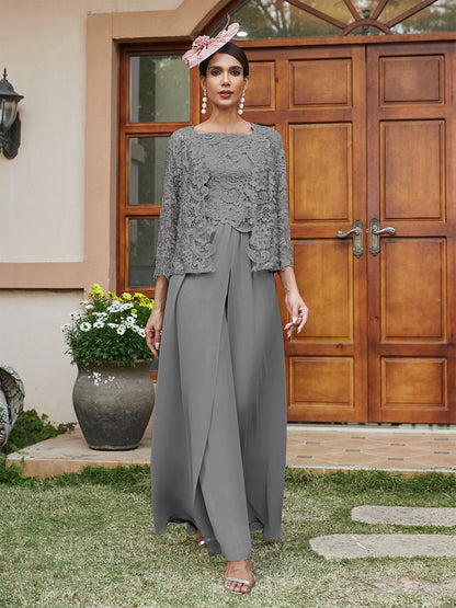 Lace Chiffon Square Neck 3/4 Sleeves 3 Pieces Pantsuits with Appliques & Jacket