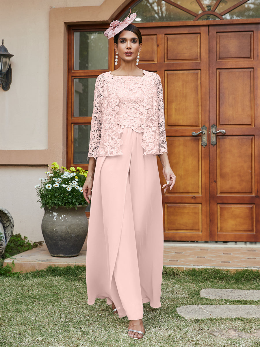 Lace Chiffon Square Neck 3/4 Sleeves 3 Pieces Pantsuits with Appliques & Jacket