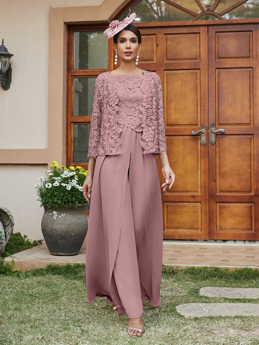 Lace Chiffon Square Neck 3/4 Sleeves 3 Pieces Pantsuits with Appliques & Jacket