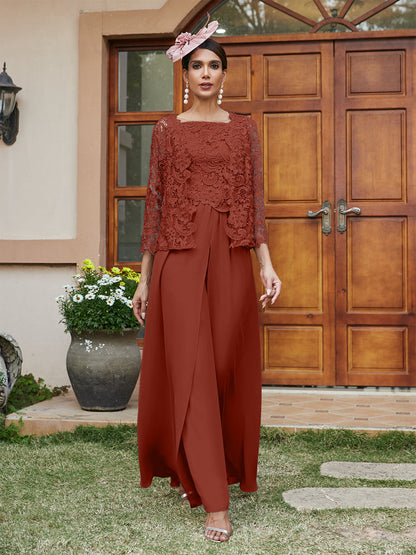 Lace Chiffon Square Neck 3/4 Sleeves 3 Pieces Pantsuits with Appliques & Jacket