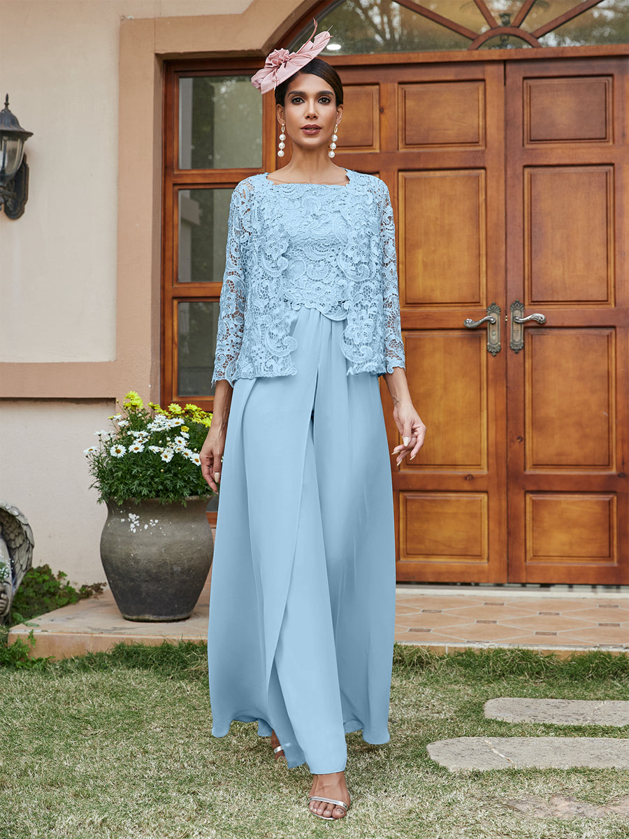 Lace Chiffon Square Neck 3/4 Sleeves 3 Pieces Pantsuits with Appliques & Jacket