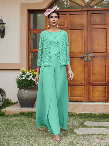 Lace Chiffon Square Neck 3/4 Sleeves 3 Pieces Pantsuits with Appliques & Jacket