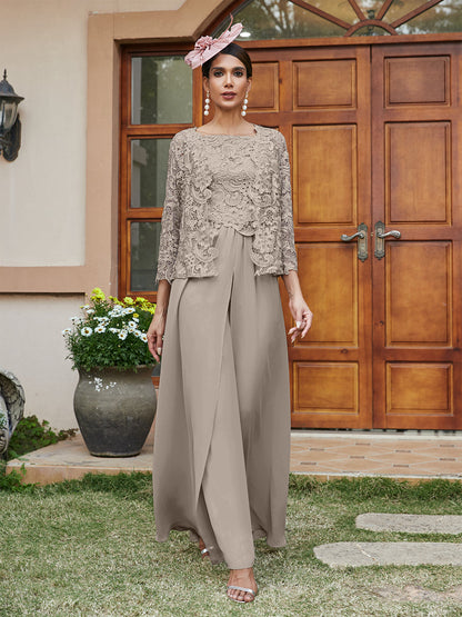 Lace Chiffon Square Neck 3/4 Sleeves 3 Pieces Pantsuits with Appliques & Jacket