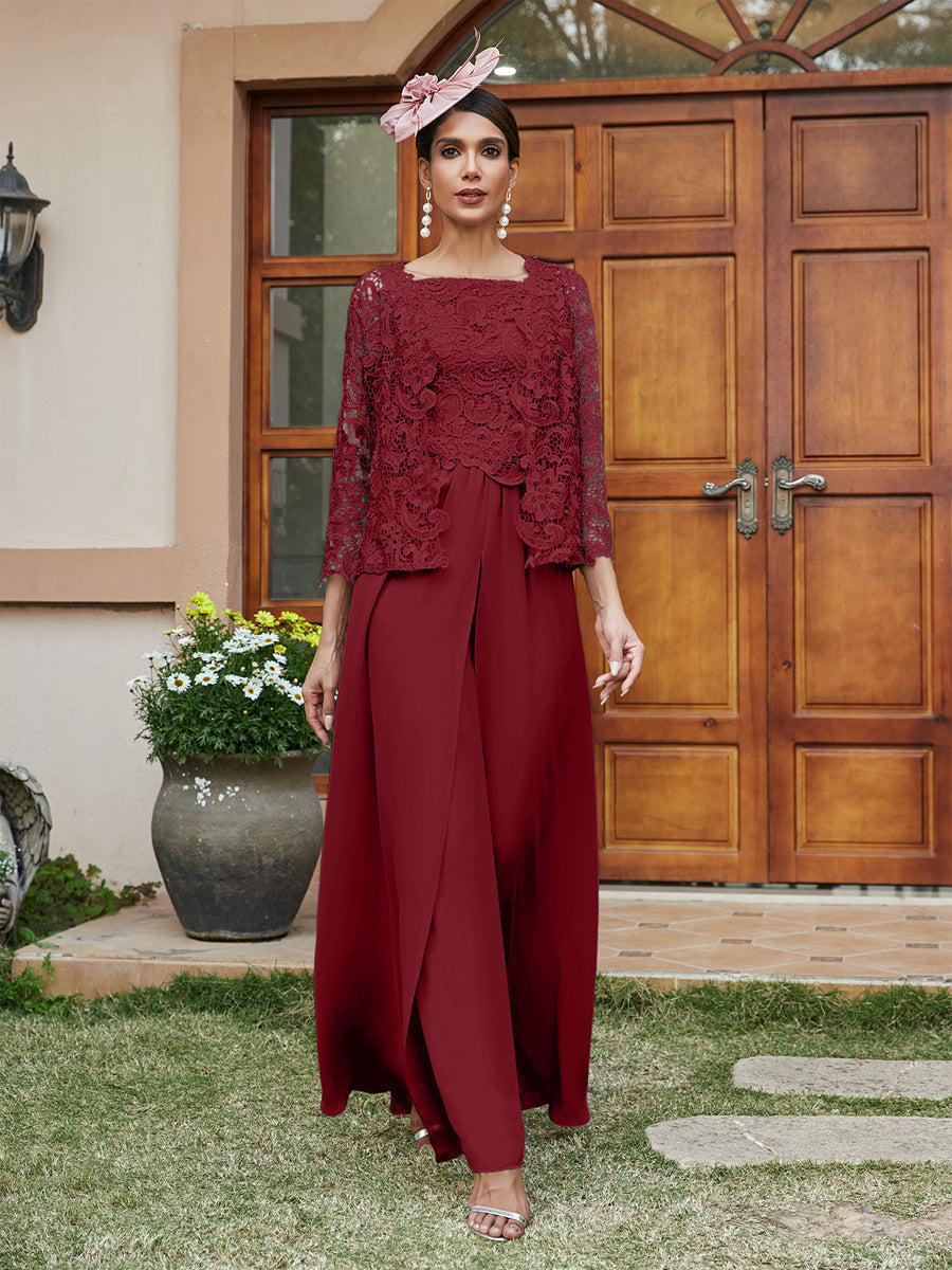 Lace Chiffon Square Neck 3/4 Sleeves 3 Pieces Pantsuits with Appliques & Jacket