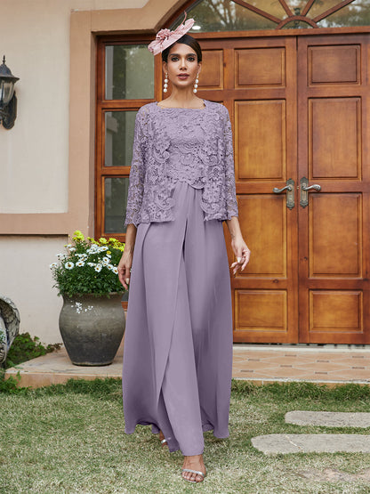 Lace Chiffon Square Neck 3/4 Sleeves 3 Pieces Pantsuits with Appliques & Jacket