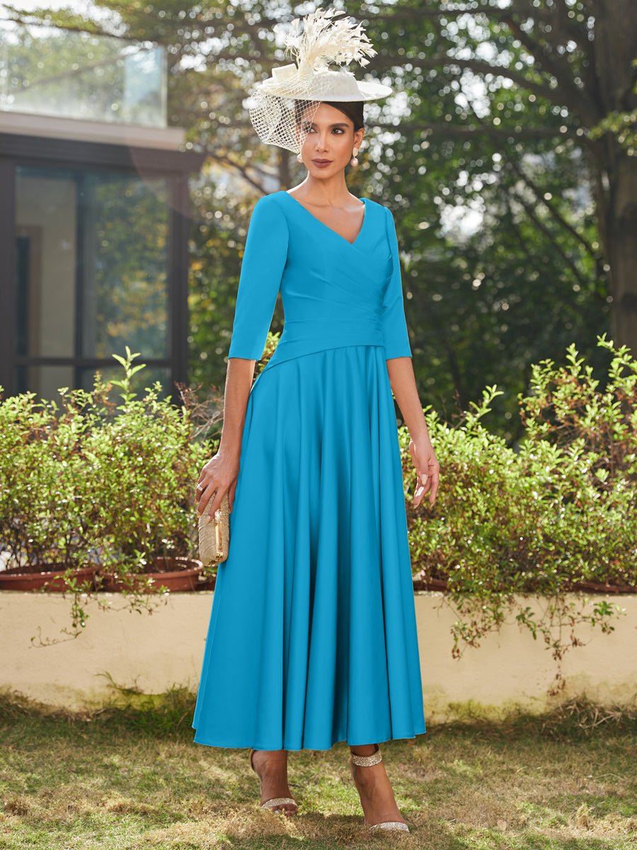 A-Line/Princess V-Neck Half Sleeves Ankle-Length Long Evening Dresses with Ruffles