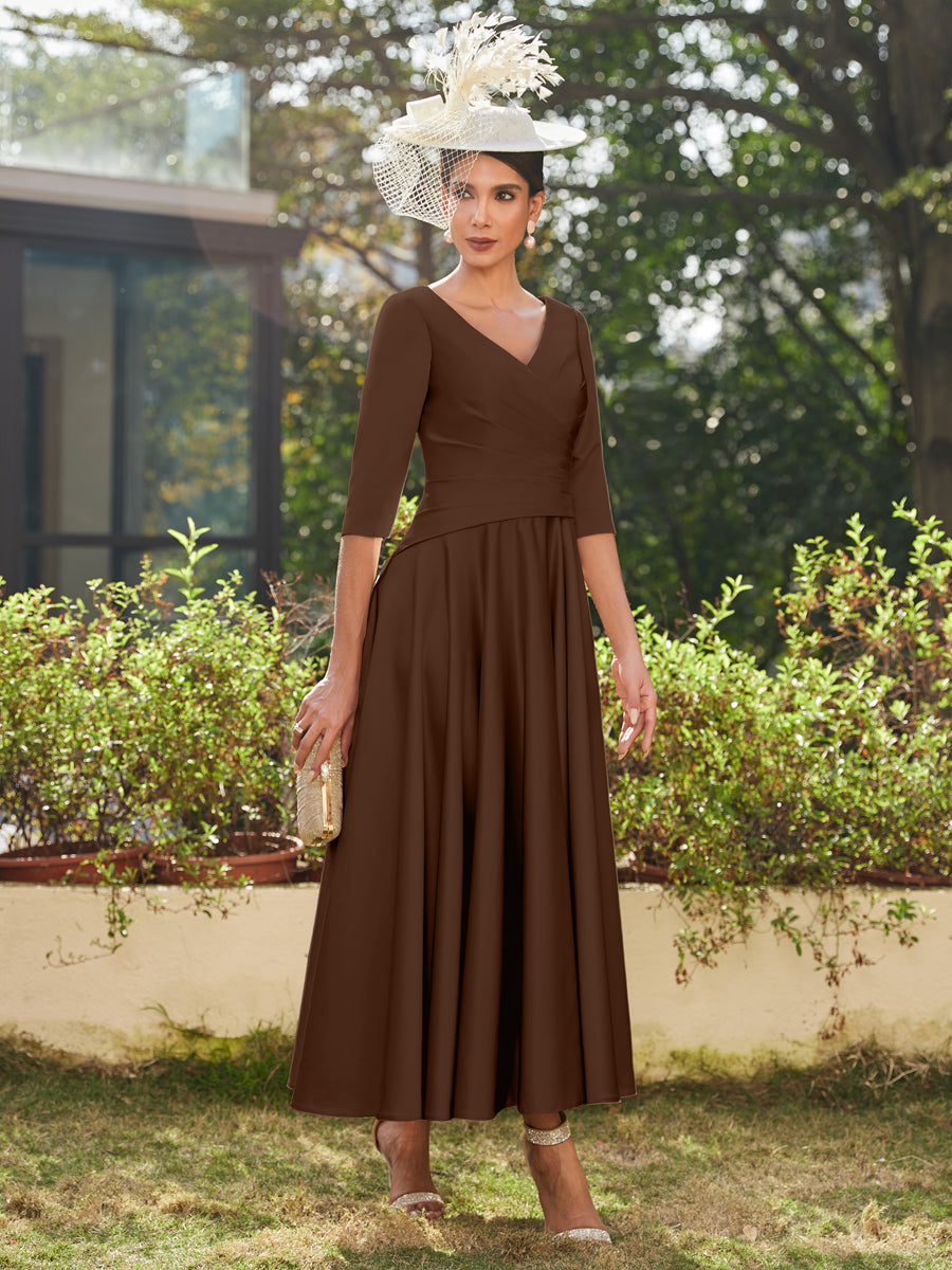 A-Line/Princess V-Neck Half Sleeves Ankle-Length Long Evening Dresses with Ruffles