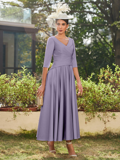 A-Line/Princess V-Neck Half Sleeves Ankle-Length Long Evening Dresses with Ruffles