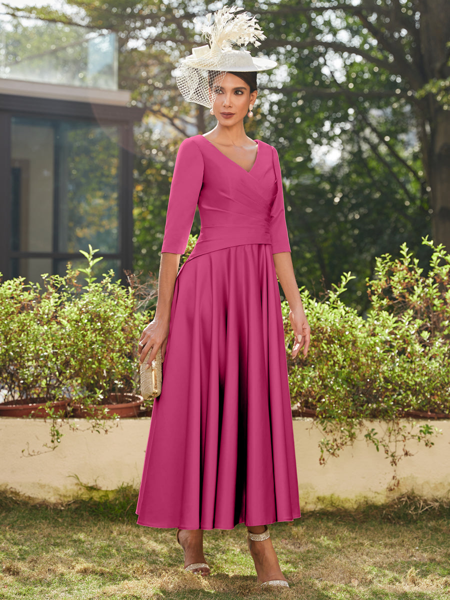 A-Line/Princess V-Neck Half Sleeves Ankle-Length Long Evening Dresses with Ruffles