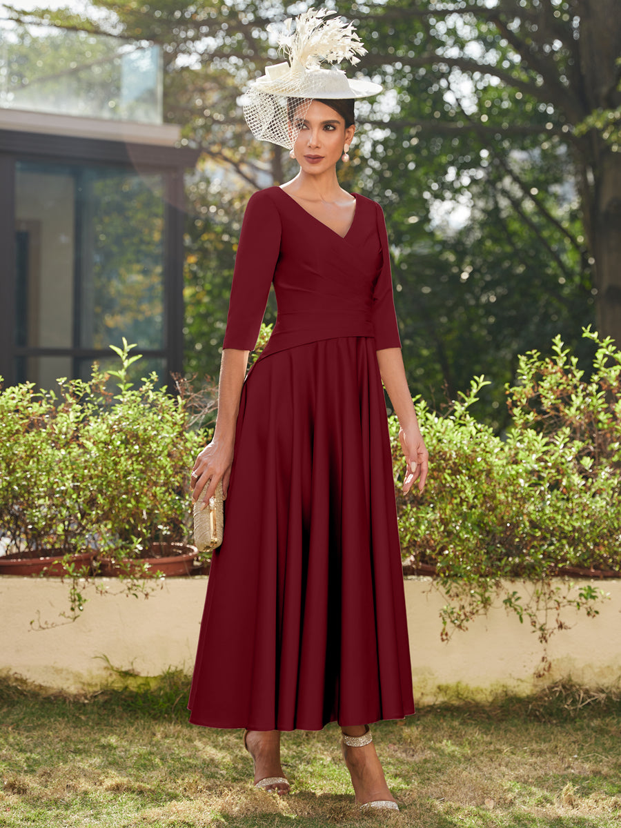 A-Line/Princess V-Neck Half Sleeves Ankle-Length Long Evening Dresses with Ruffles