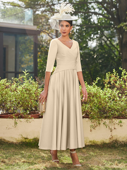 A-Line/Princess V-Neck Half Sleeves Ankle-Length Long Evening Dresses with Ruffles