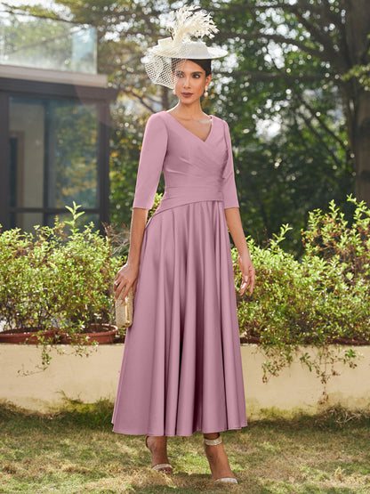 A-Line/Princess V-Neck Half Sleeves Ankle-Length Long Evening Dresses with Ruffles