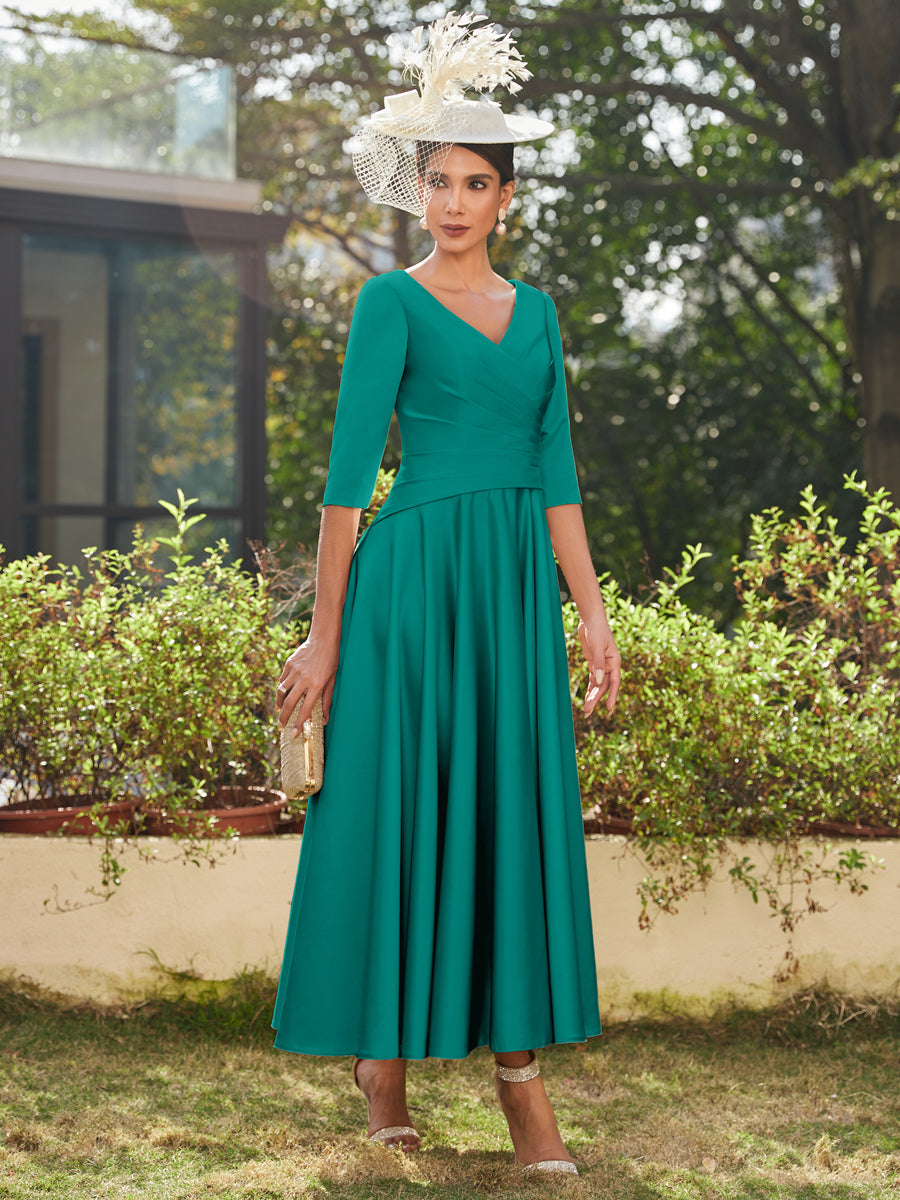 A-Line/Princess V-Neck Half Sleeves Ankle-Length Long Evening Dresses with Ruffles