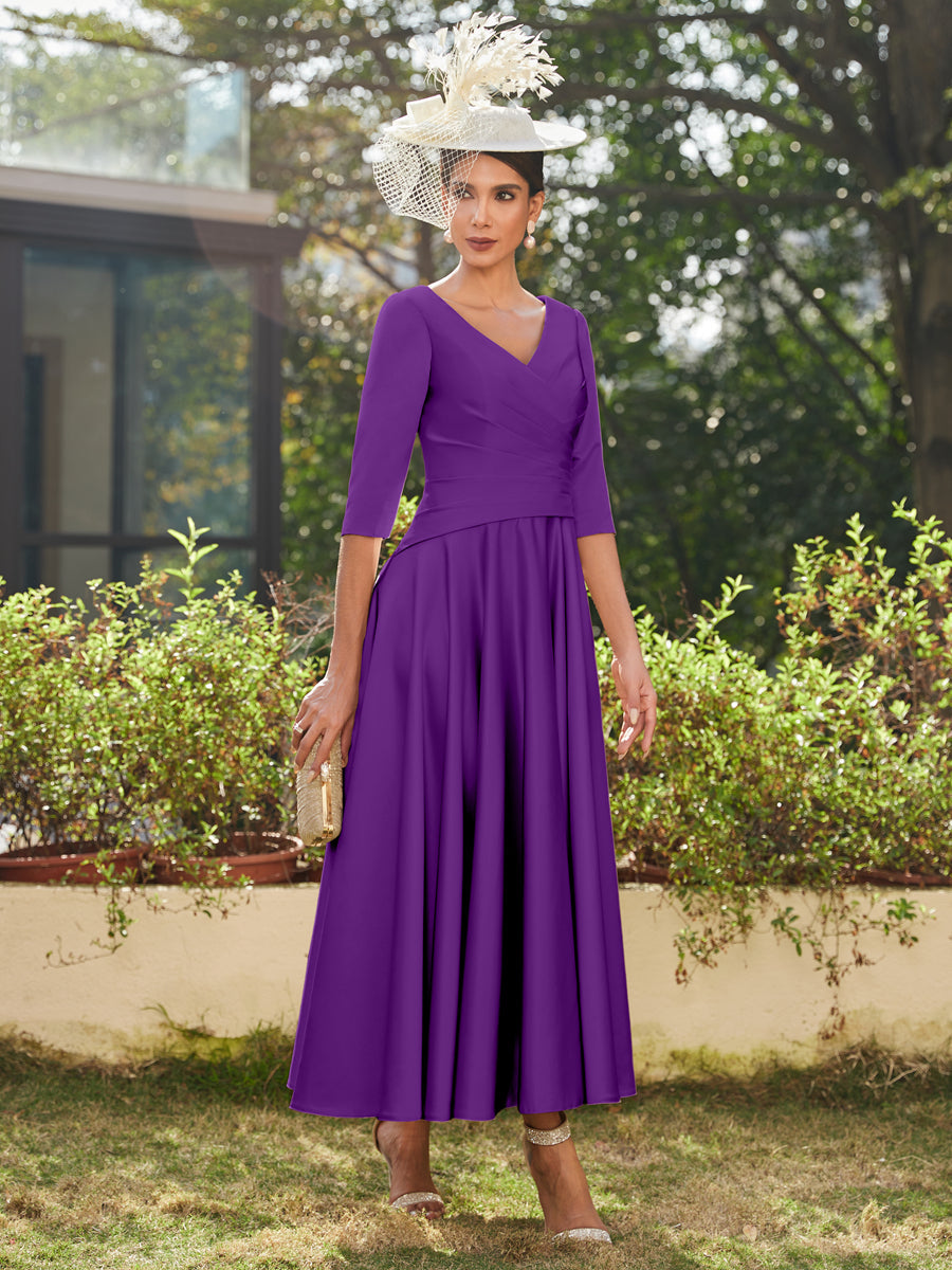 A-Line/Princess V-Neck Half Sleeves Ankle-Length Long Evening Dresses with Ruffles