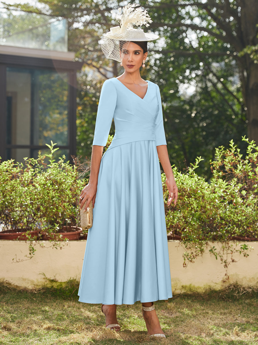 A-Line/Princess V-Neck Half Sleeves Ankle-Length Long Evening Dresses with Ruffles