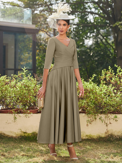 A-Line/Princess V-Neck Half Sleeves Ankle-Length Long Evening Dresses with Ruffles