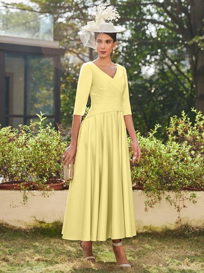 A-Line/Princess V-Neck Half Sleeves Ankle-Length Long Evening Dresses with Ruffles