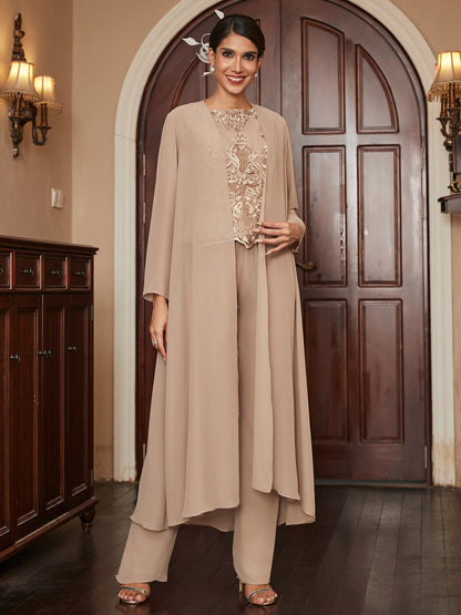 Chiffon Scoop Long Sleeves 3 Pieces Pantsuits with Appliques & Jacket