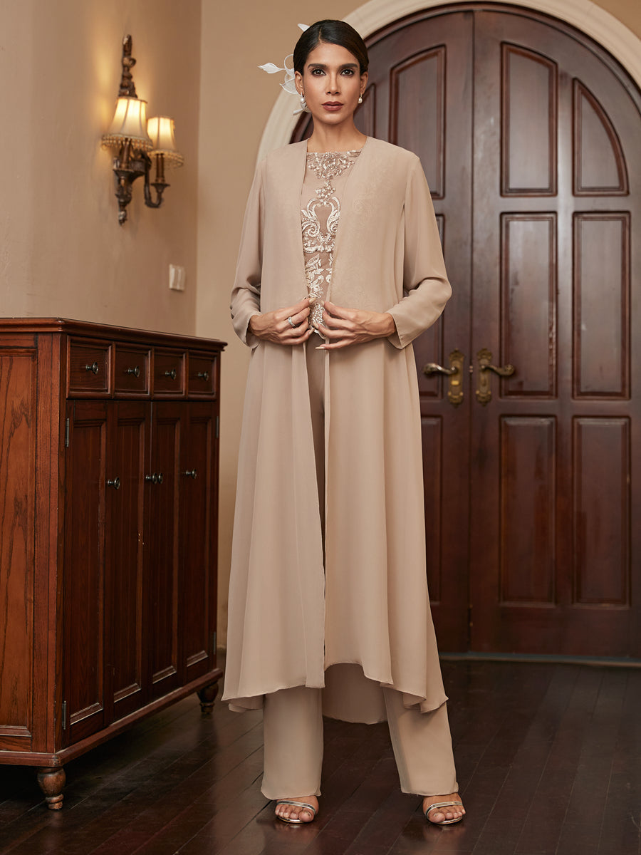 Chiffon Scoop Long Sleeves 3 Pieces Pantsuits with Appliques & Jacket