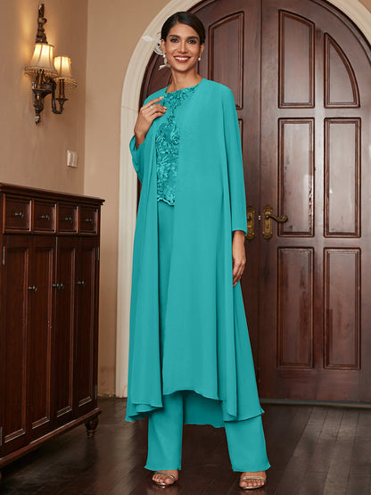 Chiffon Scoop Long Sleeves 3 Pieces Pantsuits with Appliques & Jacket