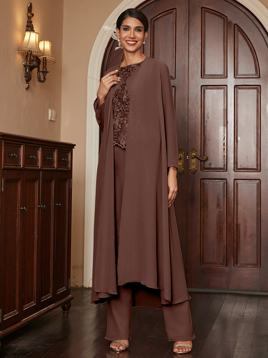 Chiffon Scoop Long Sleeves 3 Pieces Pantsuits with Appliques & Jacket