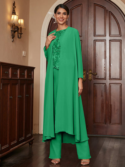 Chiffon Scoop Long Sleeves 3 Pieces Pantsuits with Appliques & Jacket