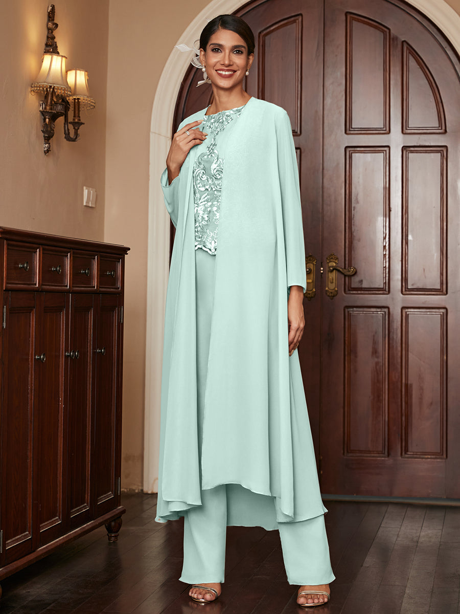 Chiffon Scoop Long Sleeves 3 Pieces Pantsuits with Appliques & Jacket