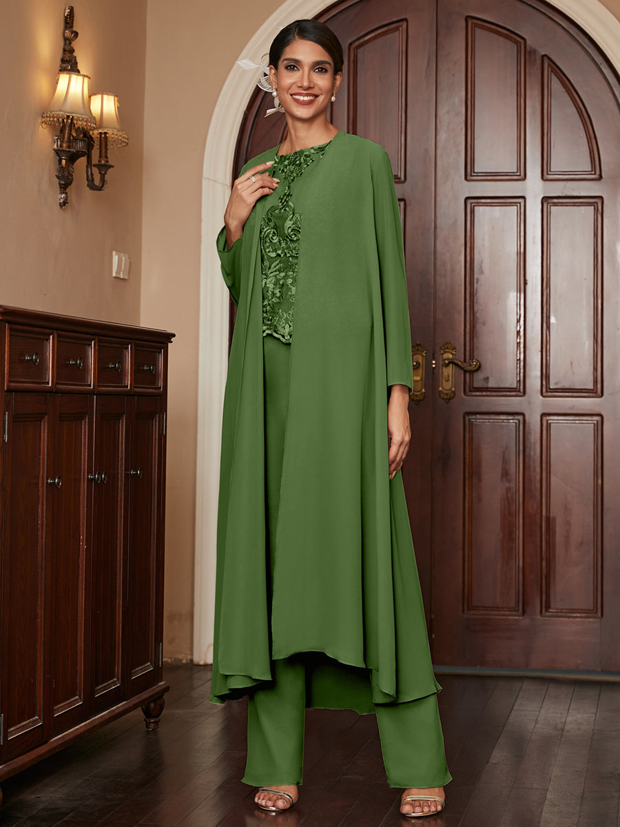 Chiffon Scoop Long Sleeves 3 Pieces Pantsuits with Appliques & Jacket