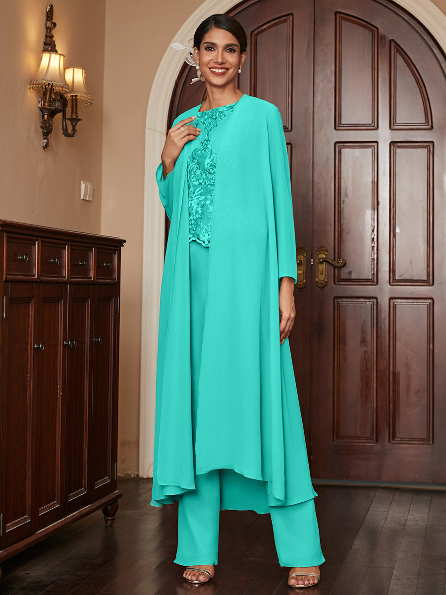 Chiffon Scoop Long Sleeves 3 Pieces Pantsuits with Appliques & Jacket