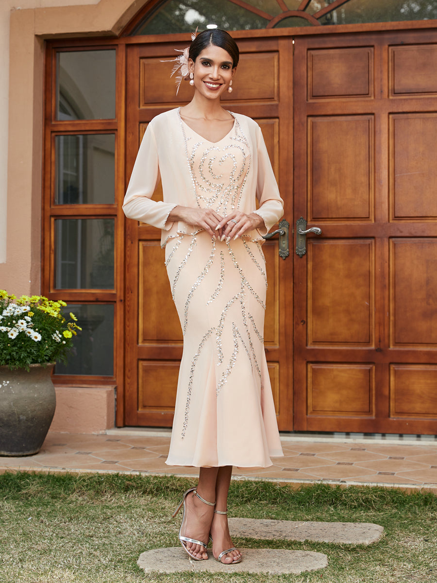 Sheath/Column V-Neck 3/4 Sleeves Long Evening Dresses with Sequins & Jacket