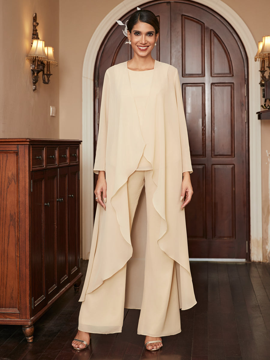 Chiffon Scoop Long Sleeves 3 Pieces Pantsuits with Jacket