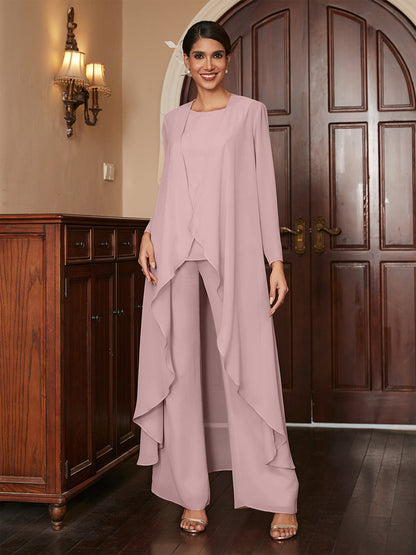 Chiffon Scoop Long Sleeves 3 Pieces Pantsuits with Jacket