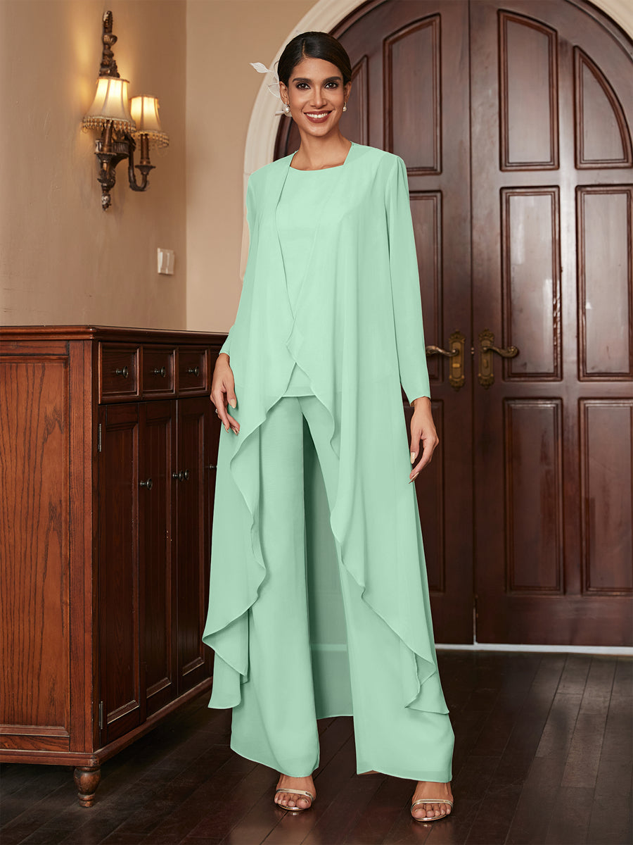 Chiffon Scoop Long Sleeves 3 Pieces Pantsuits with Jacket