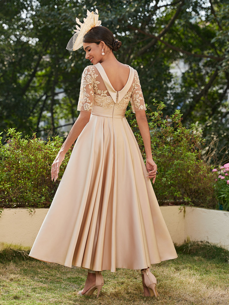 A-Line/Princess Scoop Half Sleeves Ankle-Length Long Evening Dresses with Appliques