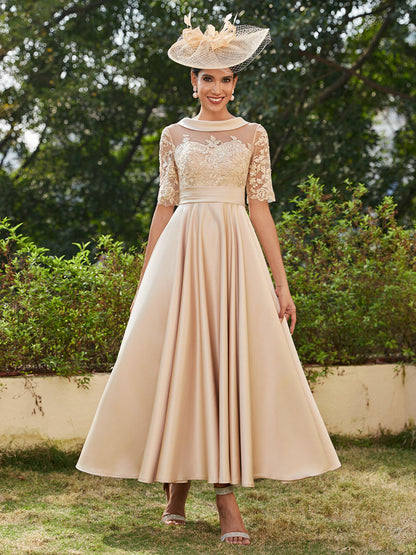 A-Line/Princess Scoop Half Sleeves Ankle-Length Long Evening Dresses with Appliques