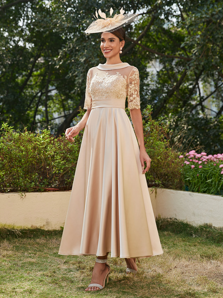 A-Line/Princess Scoop Half Sleeves Ankle-Length Long Evening Dresses with Appliques