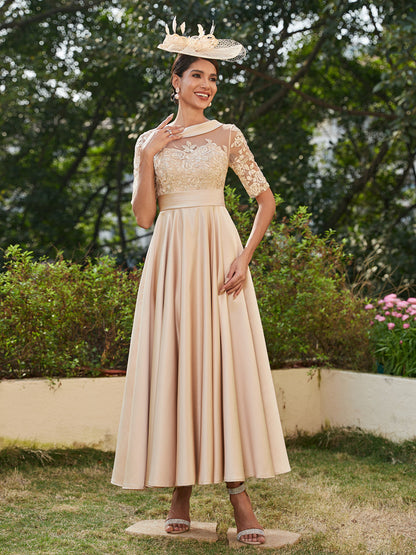 A-Line/Princess Scoop Half Sleeves Ankle-Length Long Evening Dresses with Appliques