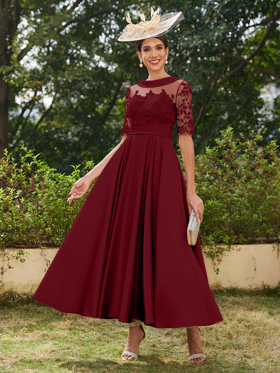 A-Line/Princess Scoop Half Sleeves Ankle-Length Long Evening Dresses with Appliques