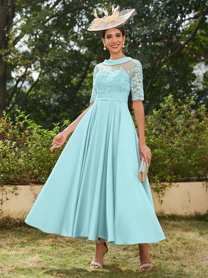 A-Line/Princess Scoop Half Sleeves Ankle-Length Long Evening Dresses with Appliques