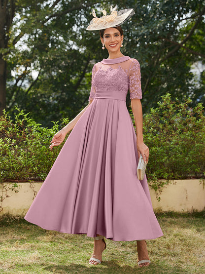 A-Line/Princess Scoop Half Sleeves Ankle-Length Long Evening Dresses with Appliques