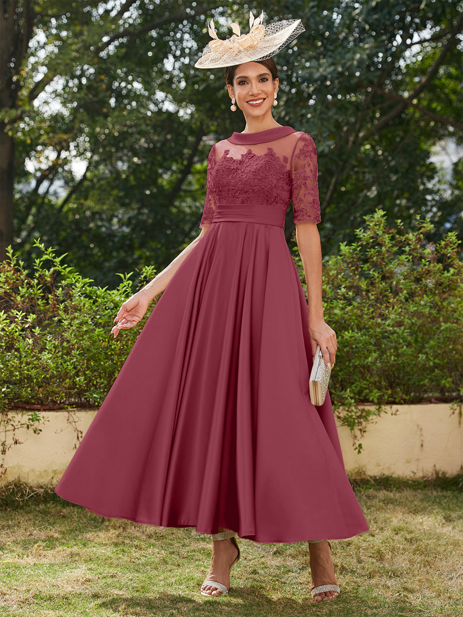 A-Line/Princess Scoop Half Sleeves Ankle-Length Long Evening Dresses with Appliques