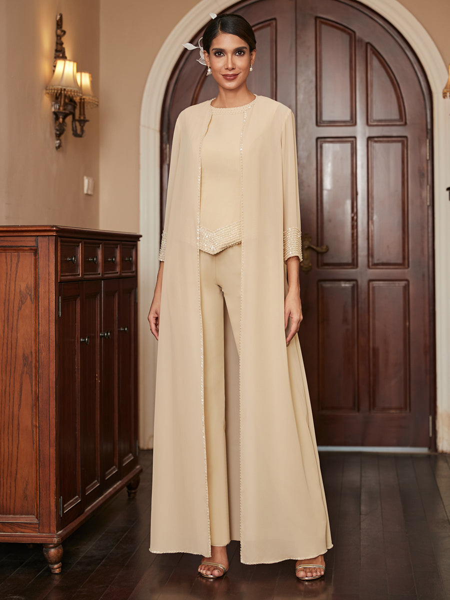 Chiffon Scoop 3/4 Sleeves 3 Pieces Pantsuits with Sequins & Jacket