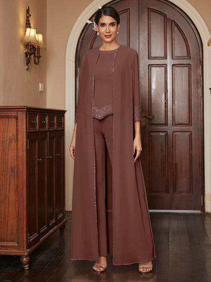 Chiffon Scoop 3/4 Sleeves 3 Pieces Pantsuits with Sequins & Jacket