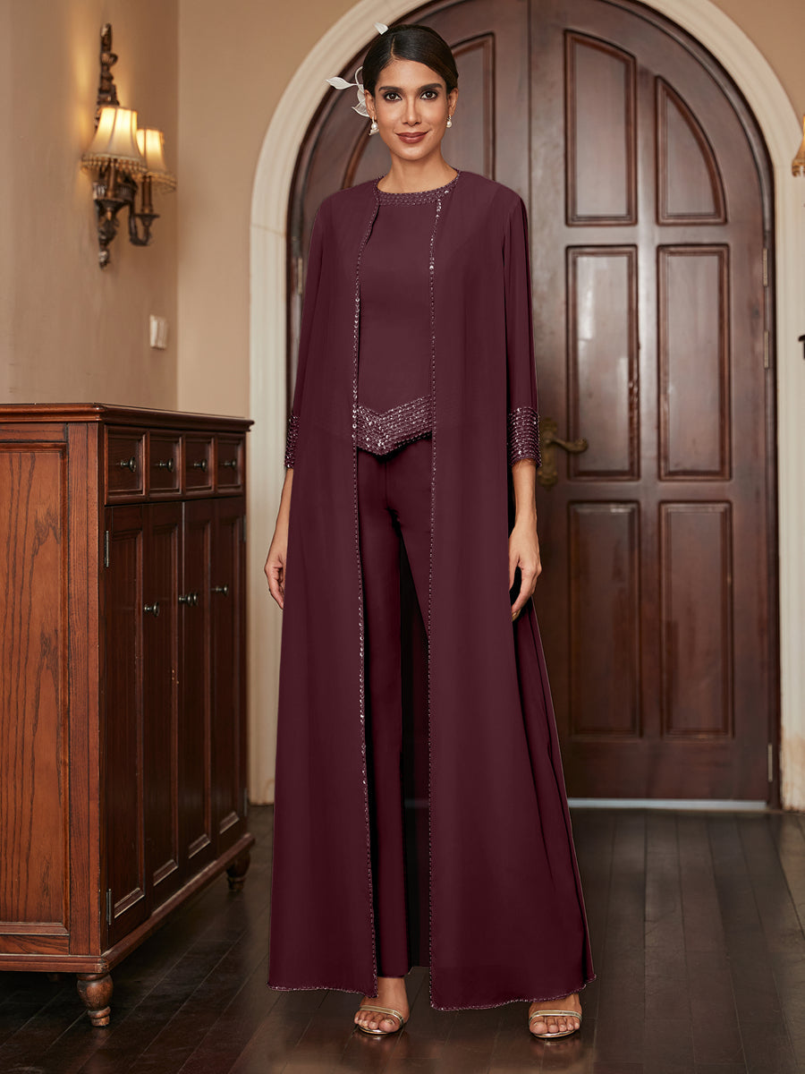 Chiffon Scoop 3/4 Sleeves 3 Pieces Pantsuits with Sequins & Jacket