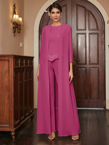 Chiffon Scoop 3/4 Sleeves 3 Pieces Pantsuits with Sequins & Jacket