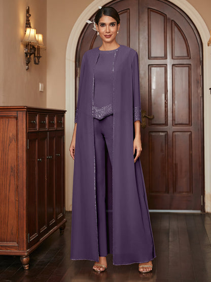 Chiffon Scoop 3/4 Sleeves 3 Pieces Pantsuits with Sequins & Jacket