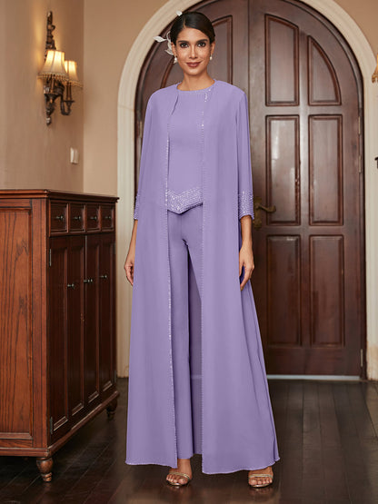 Chiffon Scoop 3/4 Sleeves 3 Pieces Pantsuits with Sequins & Jacket