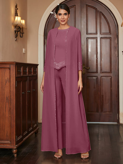 Chiffon Scoop 3/4 Sleeves 3 Pieces Pantsuits with Sequins & Jacket